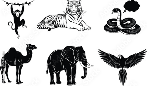 Black silhouette collection of wild animals featuring tiger elephant monkey camel parrot and snake isolated on white background for zoo wildlife education and safari nature design