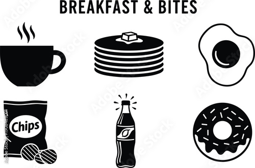 Breakfast And Bites Food Icons Including Coffee Pancakes And Chips vector illustration
