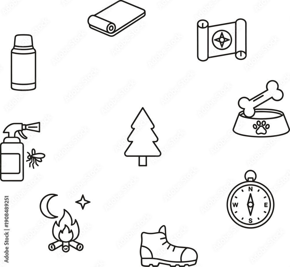 Fototapeta premium Camping And Outdoor Adventure Icons With Tree And Bonfire outdoors nature