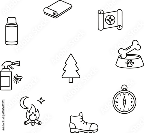 Camping And Outdoor Adventure Icons With Tree And Bonfire outdoors nature