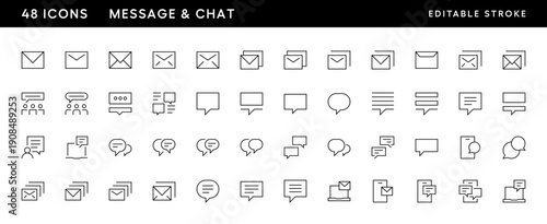 Message and chat icon collection. Conversation, speech, dialogue, discussion, talk, message, comment and more. Editable stroke. Pixel Perfect. Grid base 32 x 32.