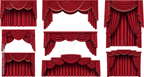 Collection of elegant red theater curtains and drapes for stage decoration.