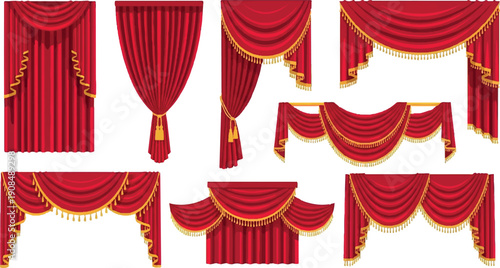 Collection of elegant red velvet stage curtains with golden trim and tassels.