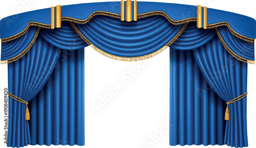 Elegant Blue Stage Curtains with Gold Trim.