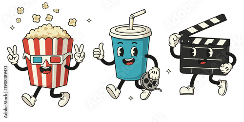 Cartoon Characters of Popcorn Drink and Clapperboard for Movie Night soda straw