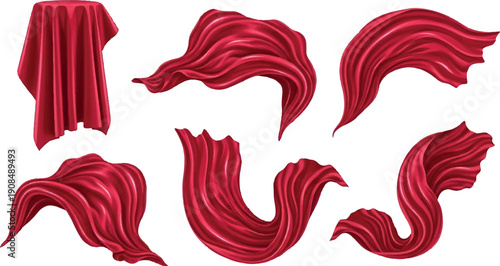 Set of red silk fabric drapes and flowing cloth elements.