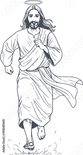 hand drawn illustration of happy jesus christ running in action with halo and flowing robes. vector sketch with black fill and no white fills for easy editing