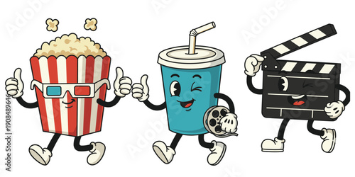 Cartoon characters popcorn cup drink and clapperboard with thumbs up vector illustration