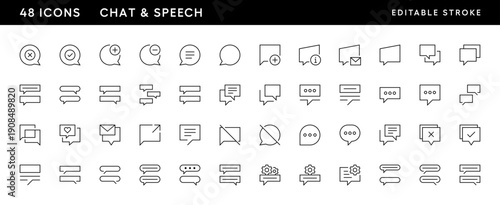 Chat and Speech icon collection. Conversation, speech, dialogue, discussion, talk, message, comment and more. Editable stroke. Pixel Perfect. Grid base 32 x 32.