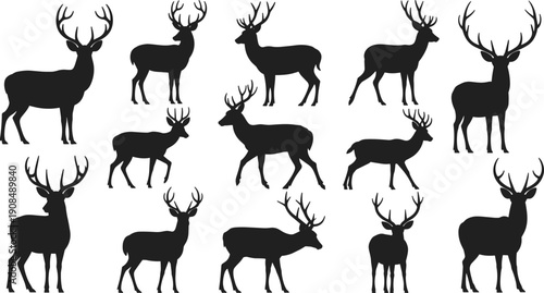 Black Deer Silhouette Collection Featuring Male Bucks With Large Antlers and Reindeer Shapes Isolated on White Background for Hunting Logos Christmas Decor and Nature Design