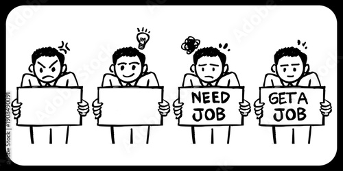 People Seeking Employment Illustration Set. Characters Holding Signs for Need a Job and Hiring in Urban Sketch Style.