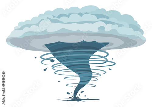 Stylized illustration of a swirling blue tornado with a dark cloud on a white background Keywords: tornado, hurricane, storm