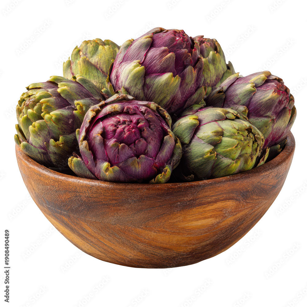 Obraz premium Fresh artichokes in wooden bowl isolated on a transparent background