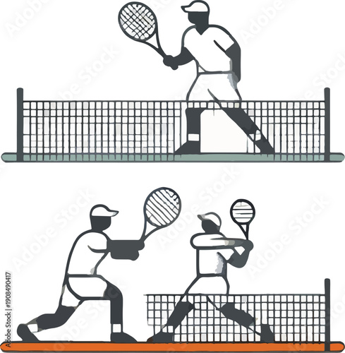 Tennis Players Serving and Returning Ball Over Net