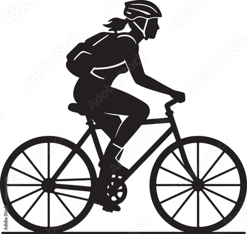 Black silhouette of a woman wearing a helmet and backpack riding a bicycle also transparent background