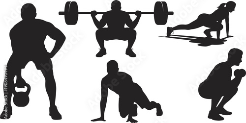 Black silhouette collection of people performing various gym exercises including squats with barbells kettlebell swings and lunges for fitness and bodybuilding workout design projects