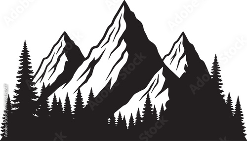Black silhouette of jagged mountain peaks and pine trees against a white background also transparent background