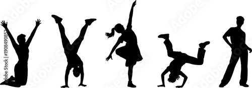 Black silhouette collection of energetic young people performing various street dance breakdance and gymnastics moves isolated on white background for youth culture and lifestyle designs