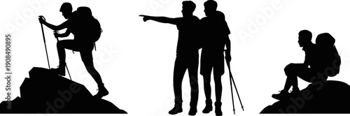 Black silhouette of hikers climbing mountains, backpackers trekking with poles, adventurers exploring nature, outdoor activity and mountaineering journey on white background, group travel expedition.