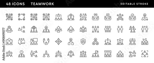Teamwork icon collection. Community, group of people, teamwork, business group, customer, collaborate, workgroup and more. Editable stroke. Pixel Perfect. Grid base 32 x 32.