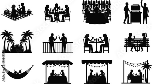 Summer Outdoor Dining Silhouettes Vector Set Featuring People Having Picnics Barbecues Romantic Dinners and Tropical Beach Drinks Isolated on White Background for Vacation Design