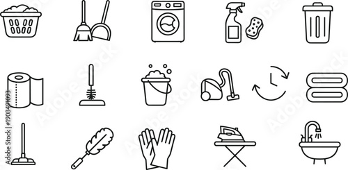 Cleaning Supplies and Household Chores Icons Set Line Art equipment