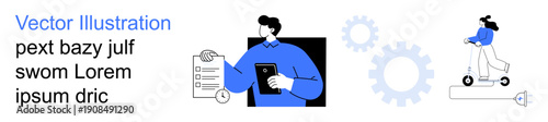 Technology, productivity, urban mobility, innovation, task management, gear systems. Man holding a tablet with task lists, gear icons and woman riding a scooter. Productivity and technology concepts