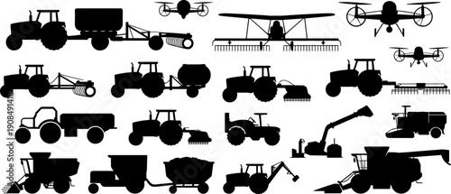 Collection of Agricultural Machinery Silhouettes Featuring Tractors Crop Dusters Drones and Harvesters for Modern Farming Agribusiness Industrial Cultivation and Smart Rural Technology Design Projects