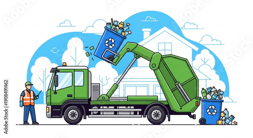 Green garbage truck collecting trash with worker in front of house and recycling bins