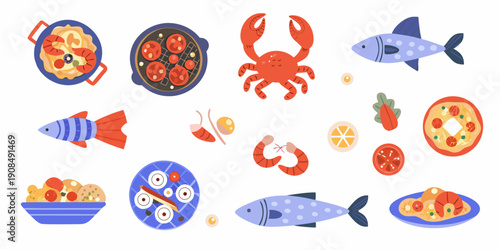 Colorful seafood and dish illustrations arranged in a playful flat design