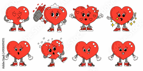 Cartoon hearts displaying various emotions and actions in a playful design