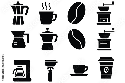 Coffee Making Equipment and Accessories Icons in Black Silhouette moka pot coffee maker