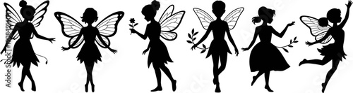 Collection of Beautiful Fairy Silhouette Vectors Featuring Magical Winged Pixies and Mythical Forest Sprites in Various Graceful Poses for Enchanted Fantasy Graphic Design Projects