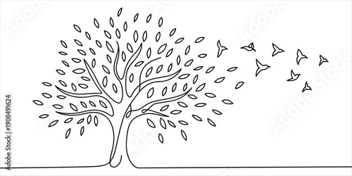 Tree with Leaves Blowing Away as Birds Taking Flight