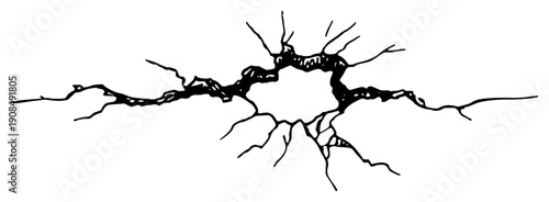 Deep crack and fracture pattern on a surface in hand drawn black and white sketch style