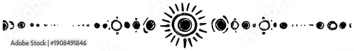 Celestial solar system border with sun and moon phases in minimalist hand drawn style