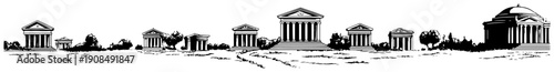 Classical ancient Greek and Roman temple architecture panorama in hand drawn ink sketch style
