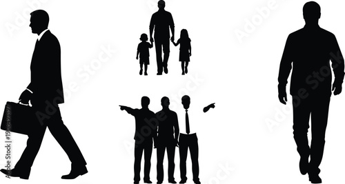 Human silhouettes collection, business person, family figures, group dynamics, casual walking, social roles, teamwork, lifestyle icons, people poses, interaction