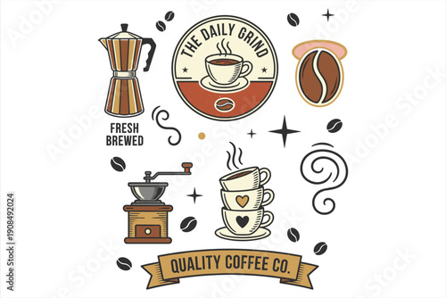 Coffee themed illustrations with vintage style logo on white background cafe grind