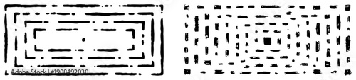 Hand drawn set of two abstract concentric rectangular patterns and dashed frames in minimalist ink style