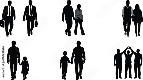 Silhouette people walking, business colleagues, couples strolling, parent child pairs, group unity, social interaction, lifestyle diversity, professional attire, casual clothing, community design