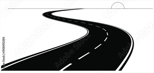 Winding Asphalt Road with White Lines and Horizon Sunset, Stock Vector