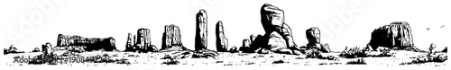Wide panoramic landscape of desert rock formations in engraved stipple art style