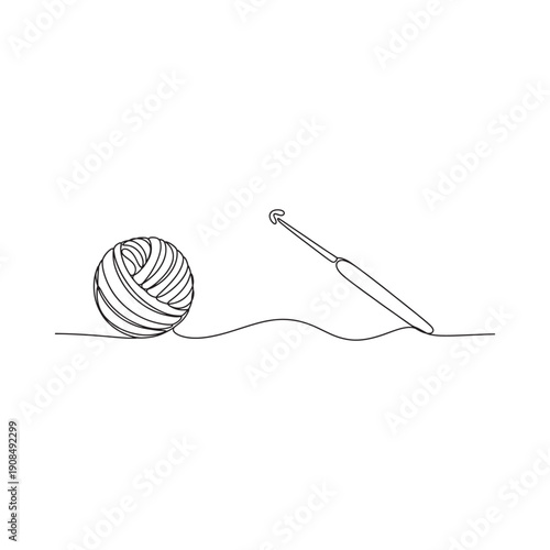 A minimalist line drawing depicts a ball of yarn and a crochet hook nearby