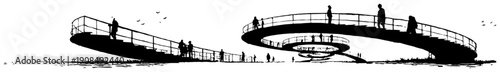 Hand drawn panoramic sketch of people walking on a modern spiral bridge walkway