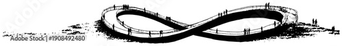 Modern infinity loop walkway bridge with people silhouettes in stipple vector style