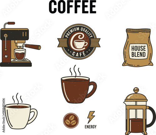 Coffee-themed icons including espresso machine, cafe logo, coffee bag, and French press Keywords: coffee, espresso machine, cafe