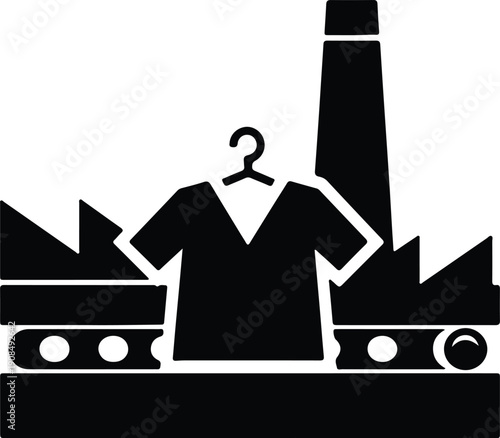 silhouette clothing factory production line with t-shirt and chimney vector design