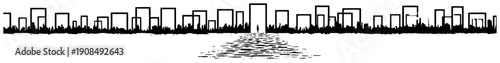 Abstract minimalist city skyline with central portal and human figure in hand drawn sketch style