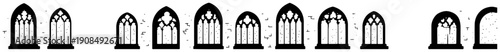 Set of hand drawn gothic arched windows with intricate tracery and stone wall texture